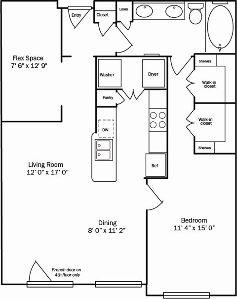 A floor plan of a small apartment with a living room, bedroom, and flex space.